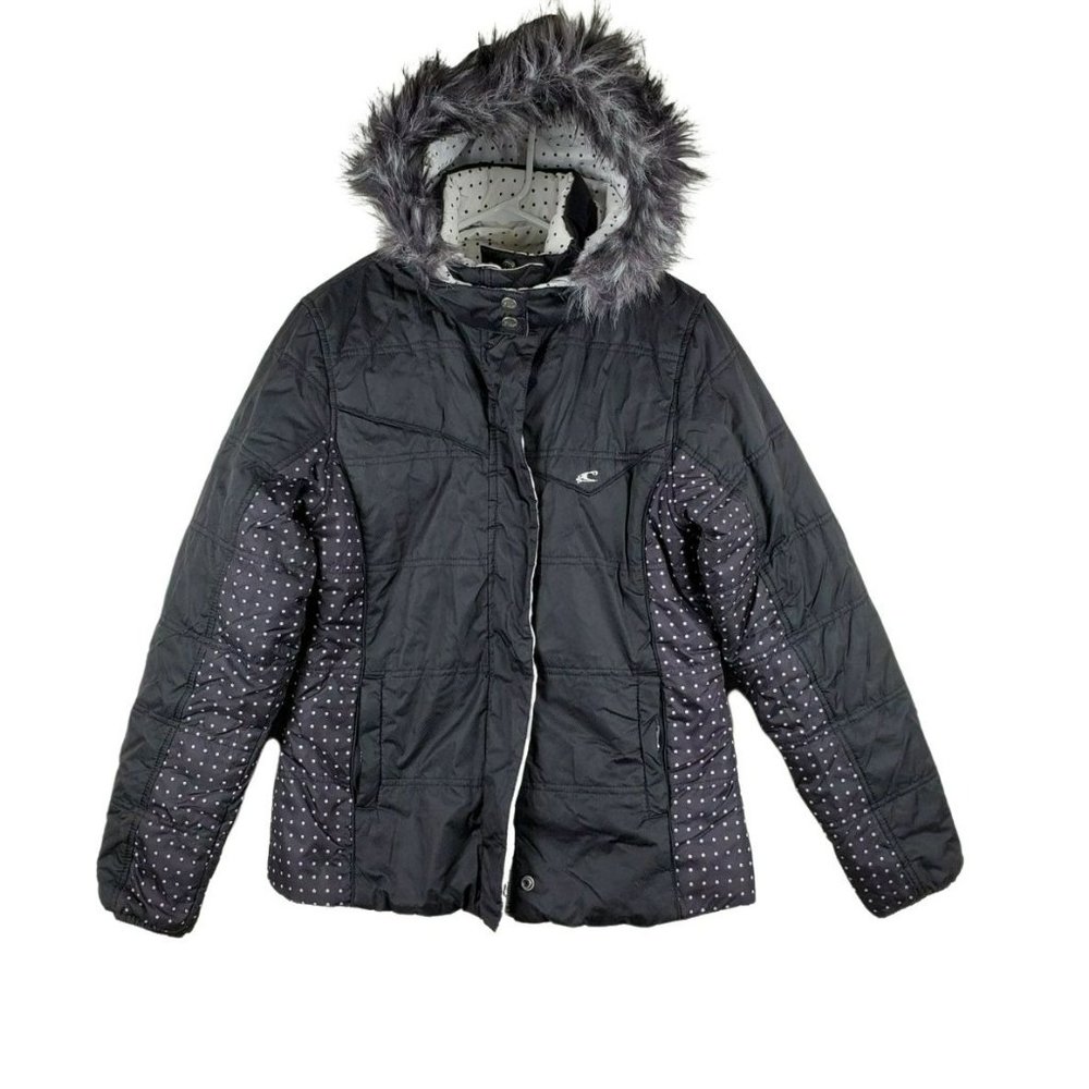 O'Neill Juniors Girls Reversible Snow Ski Jacket Size L Removable Hood Fir Trim